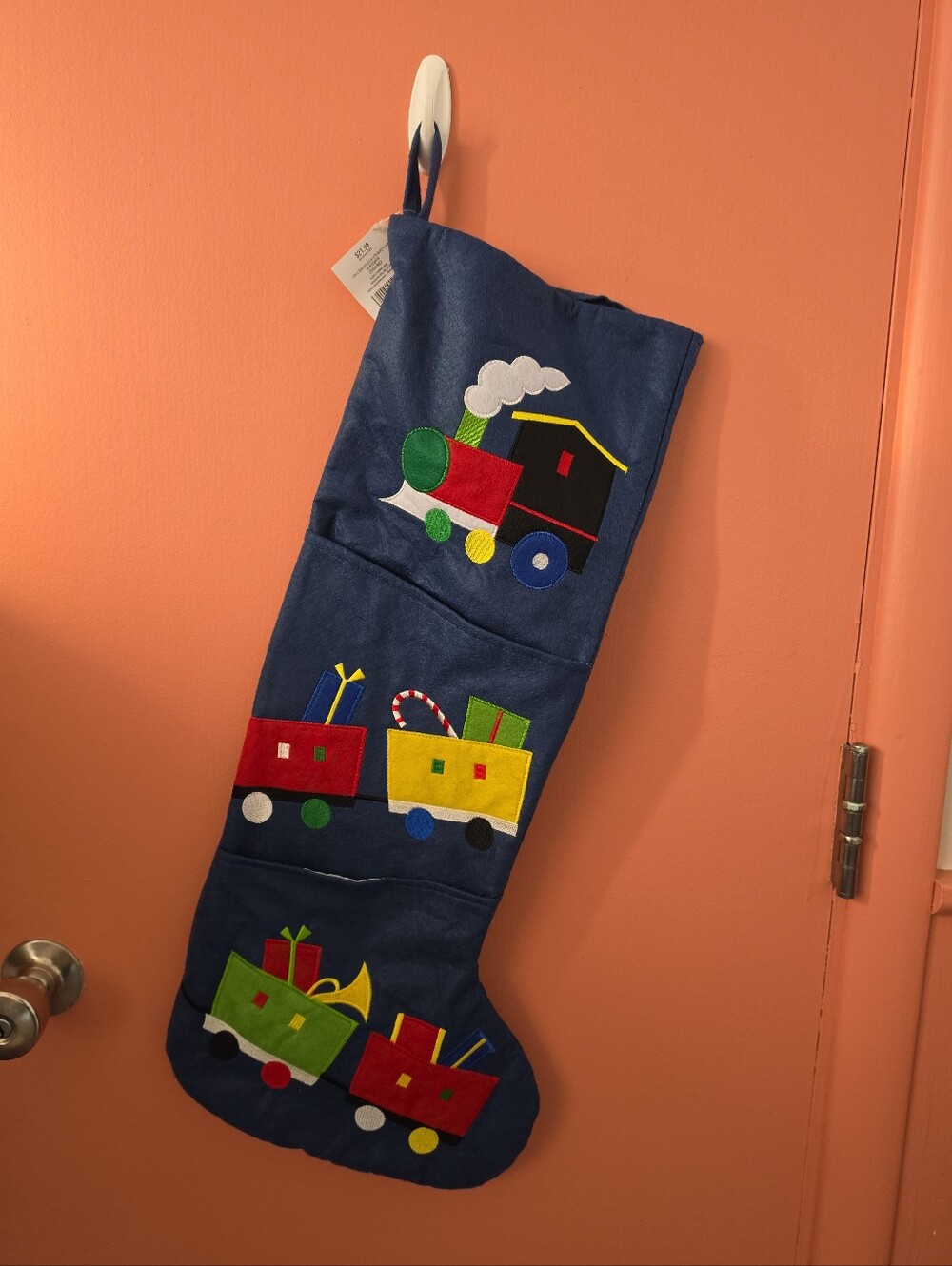 NWT 30" XL Felt Holiday Train Blue Christmas Stocking Front Pockets For Gifts